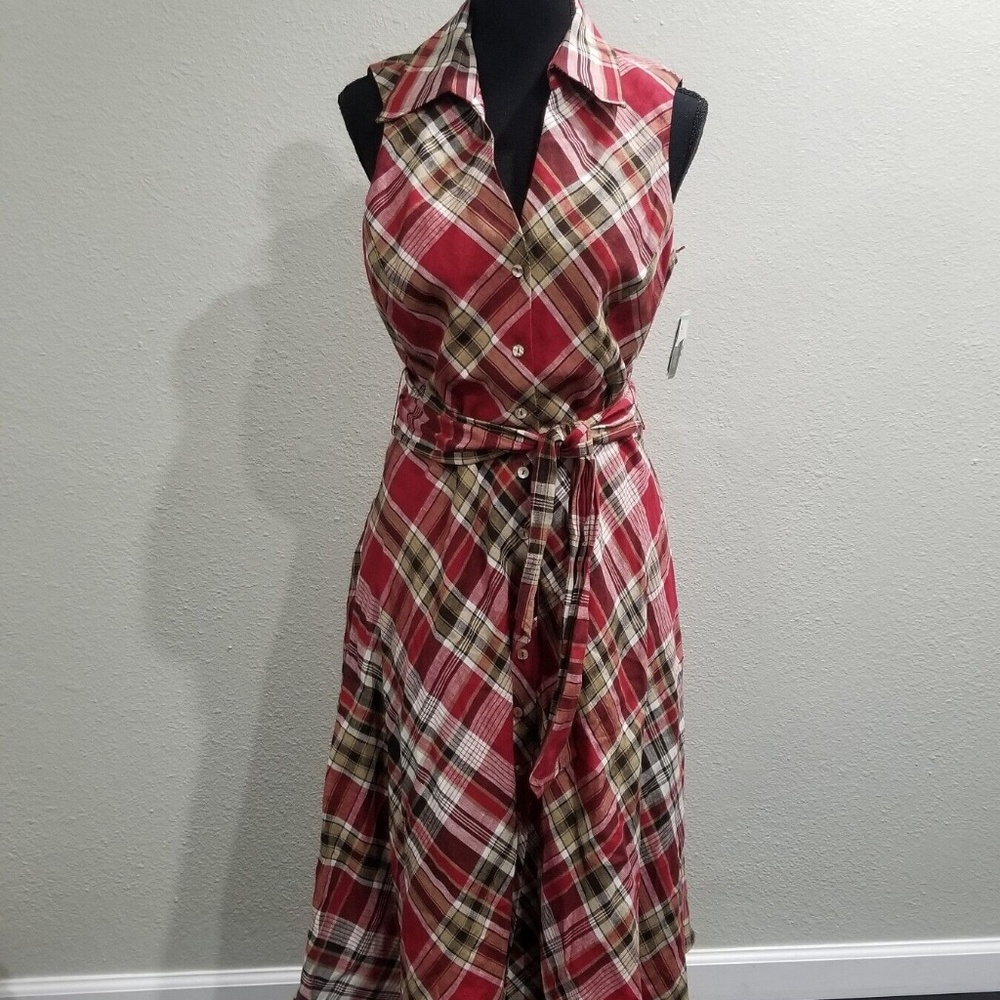 NWT Vintage Jones New York Plaid Academia Red Pin Up A-Line Sleeveless Dress